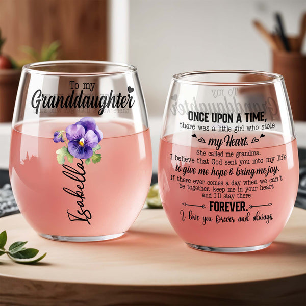 Granddaughter's Special Message Of Eternal Love With Heart And Flowers - Personalized Stemless Wine Glass - GDT158_WIGL