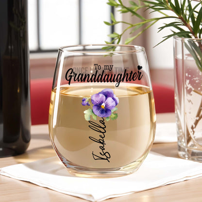 Granddaughter's Special Message Of Eternal Love With Heart And Flowers - Personalized Stemless Wine Glass - GDT158_WIGL