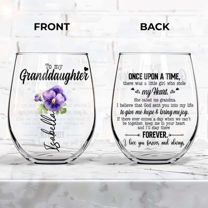 Granddaughter's Special Message Of Eternal Love With Heart And Flowers - Personalized Stemless Wine Glass - GDT158_WIGL