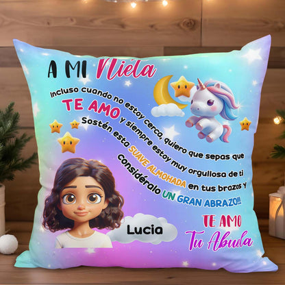 Granddaughter Big Hug Pillow Featuring Cartoon Girl and Unicorn