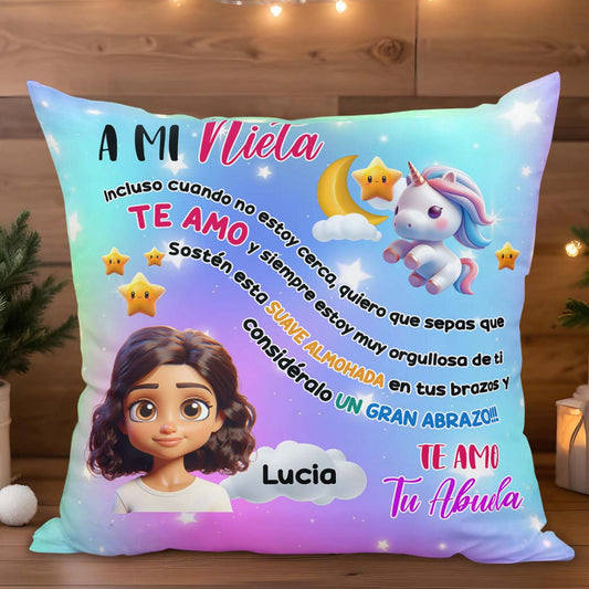 Granddaughter Big Hug Pillow Featuring Cartoon Girl and Unicorn