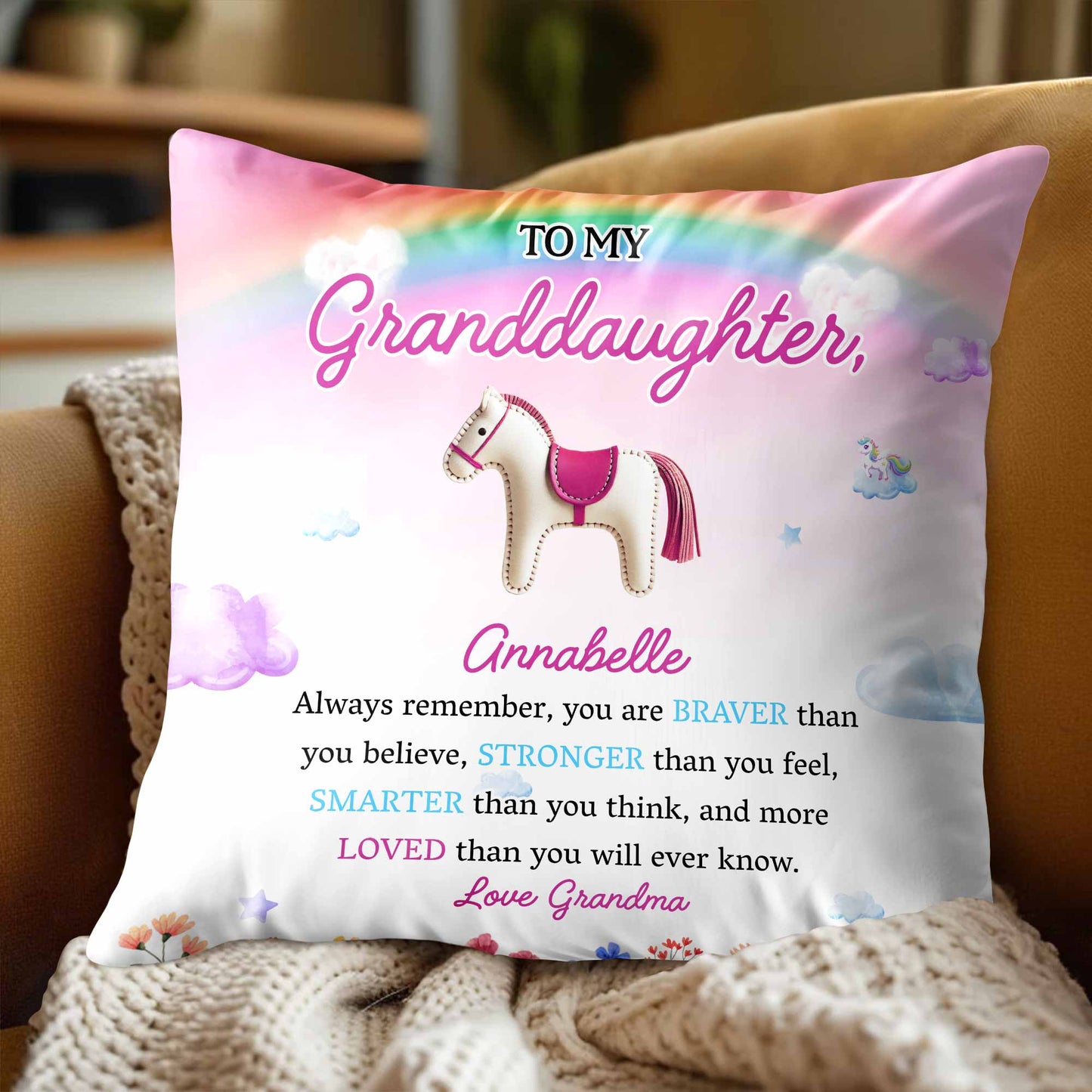 Braver Stronger Smarter Loved Inspirational Message With Horse And Flowers - Personalized Custom Pillow, Insert Included - GDT214_PLW