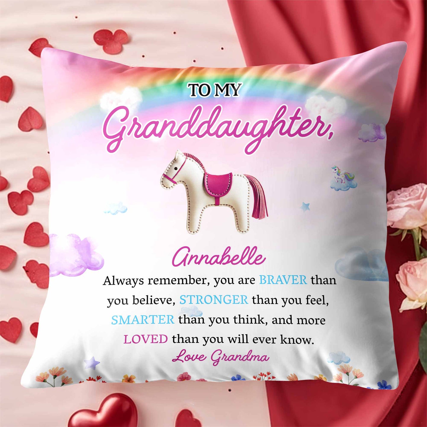 Braver Stronger Smarter Loved Inspirational Message With Horse And Flowers - Personalized Custom Pillow, Insert Included - GDT214_PLW