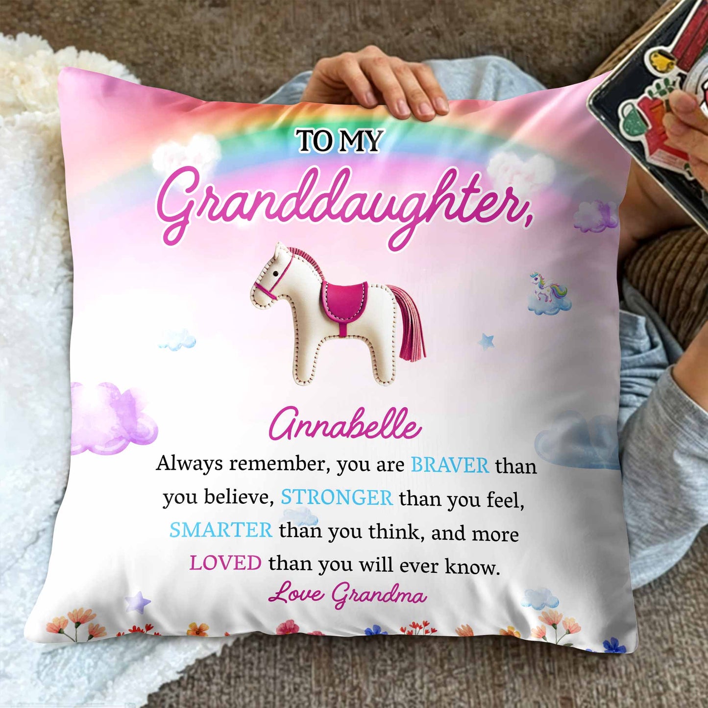 Braver Stronger Smarter Loved Inspirational Message With Horse And Flowers - Personalized Custom Pillow, Insert Included - GDT214_PLW