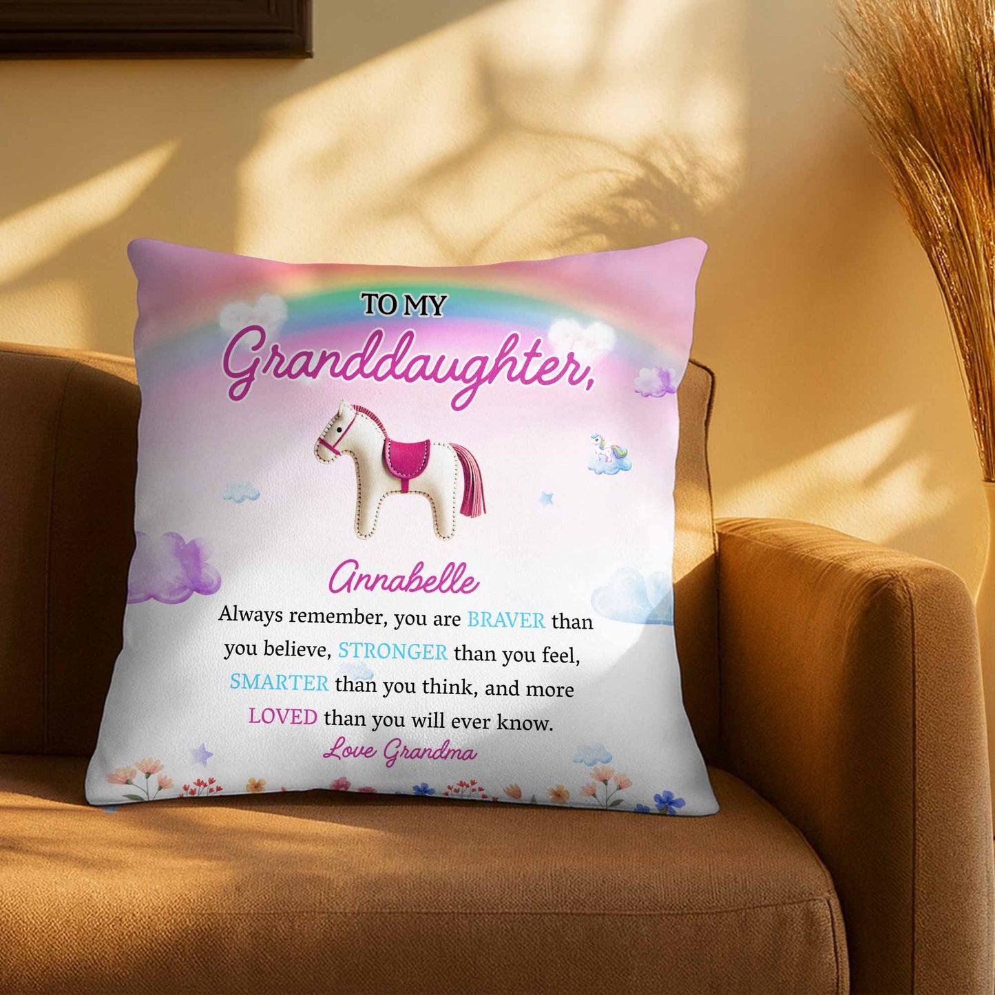 Braver Stronger Smarter Loved Inspirational Message With Horse And Flowers - Personalized Custom Pillow, Insert Included - GDT214_PLW