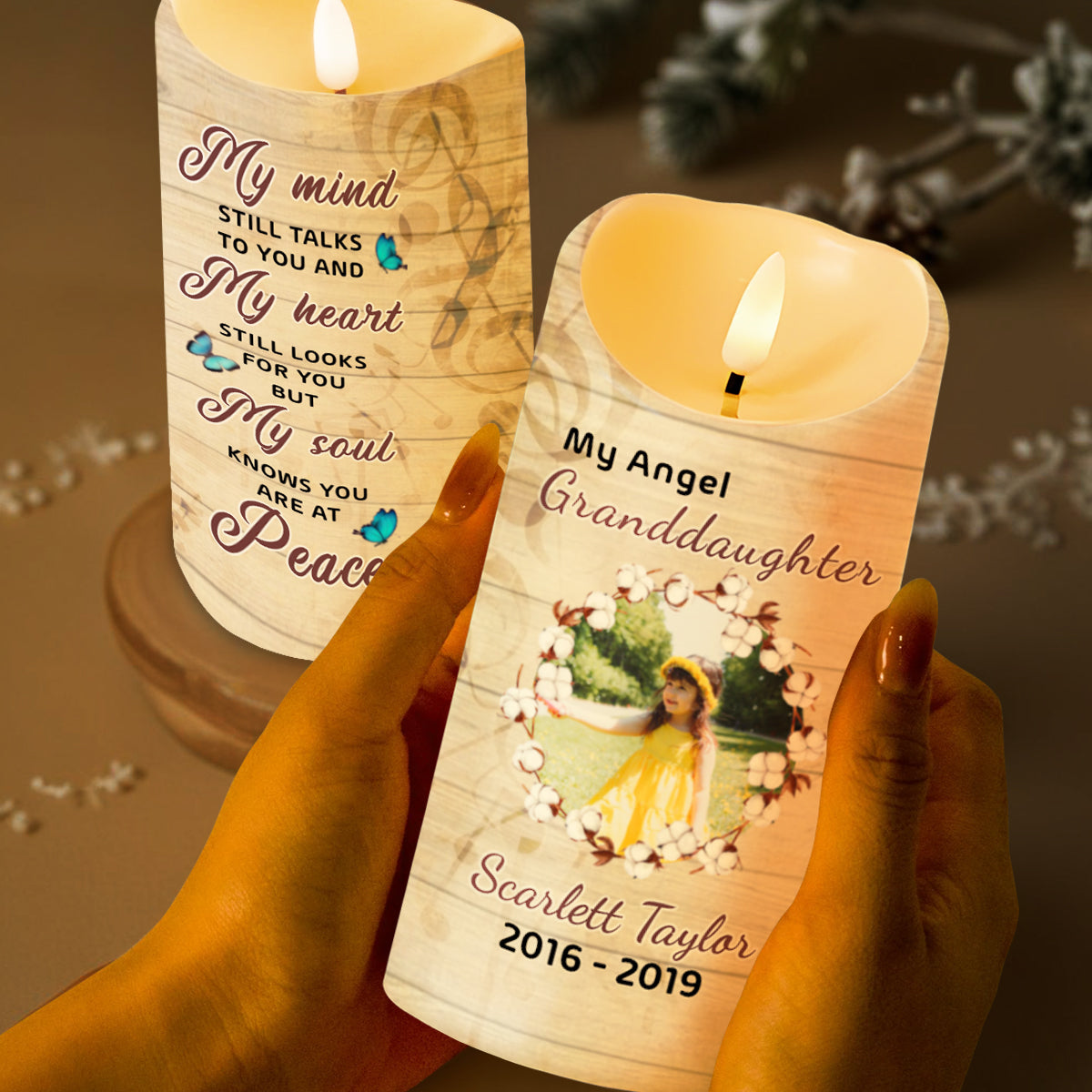 Heartfelt Memorial Candle With Butterflies And Flowers