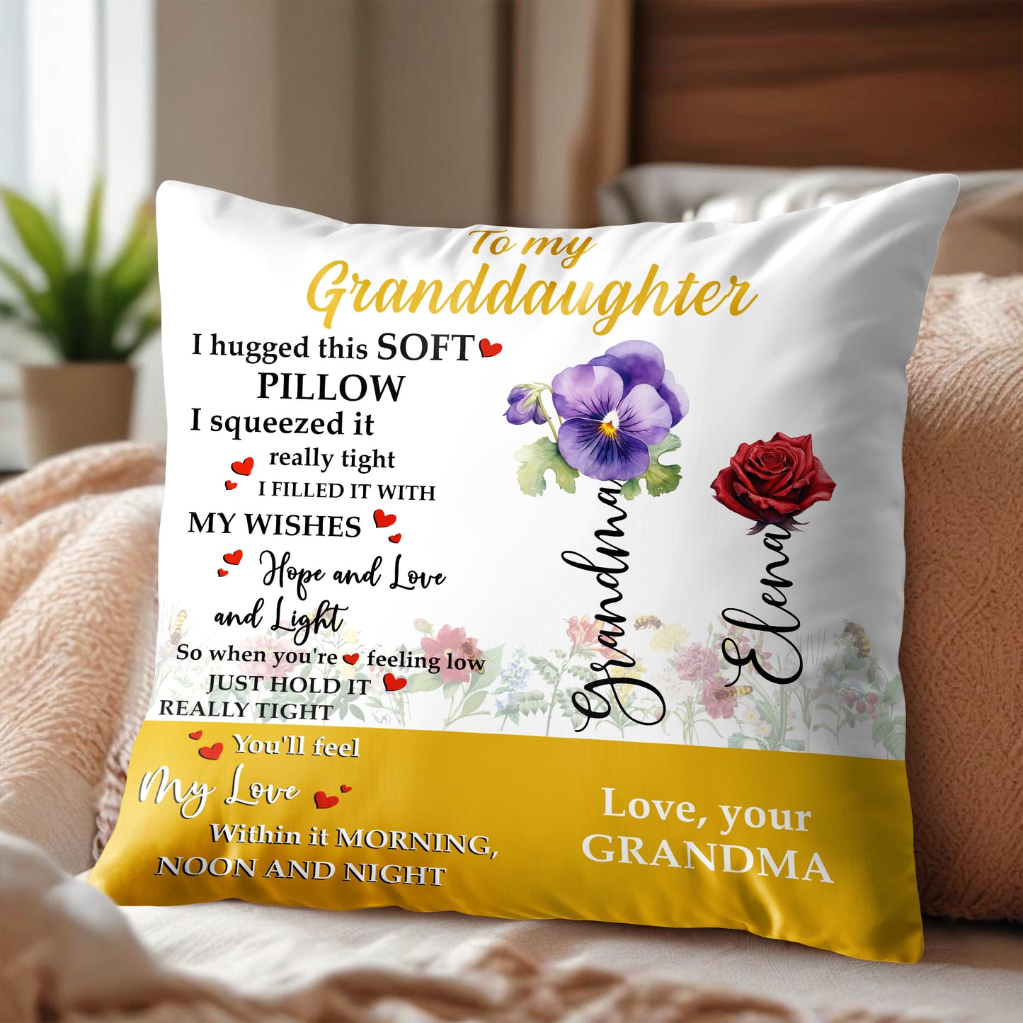 Message d'amour de grand-mère à sa petite-fille avec motif floral - Coussin personnalisé, insert inclus - GDT224_PLW