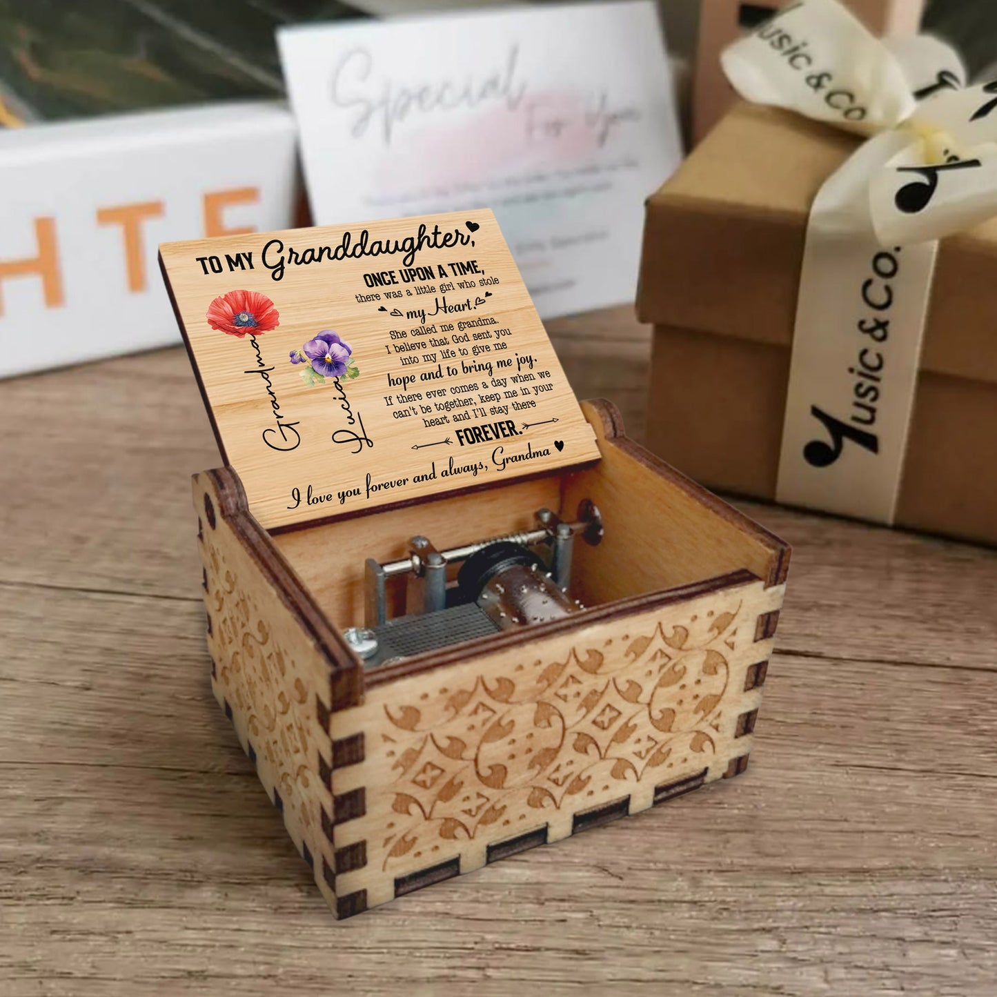 Granddaughter Heartfelt Message With Flowers Music Box