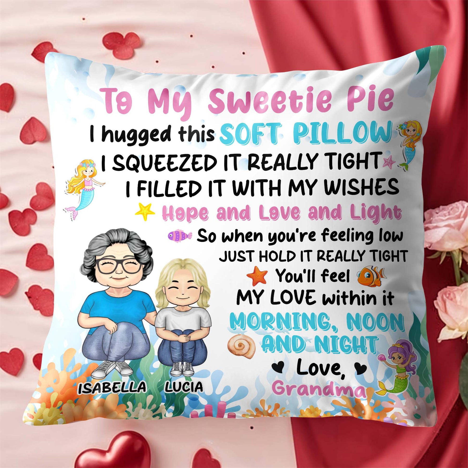 Grandmother And Granddaughter Love Pillow With Ocean Elements