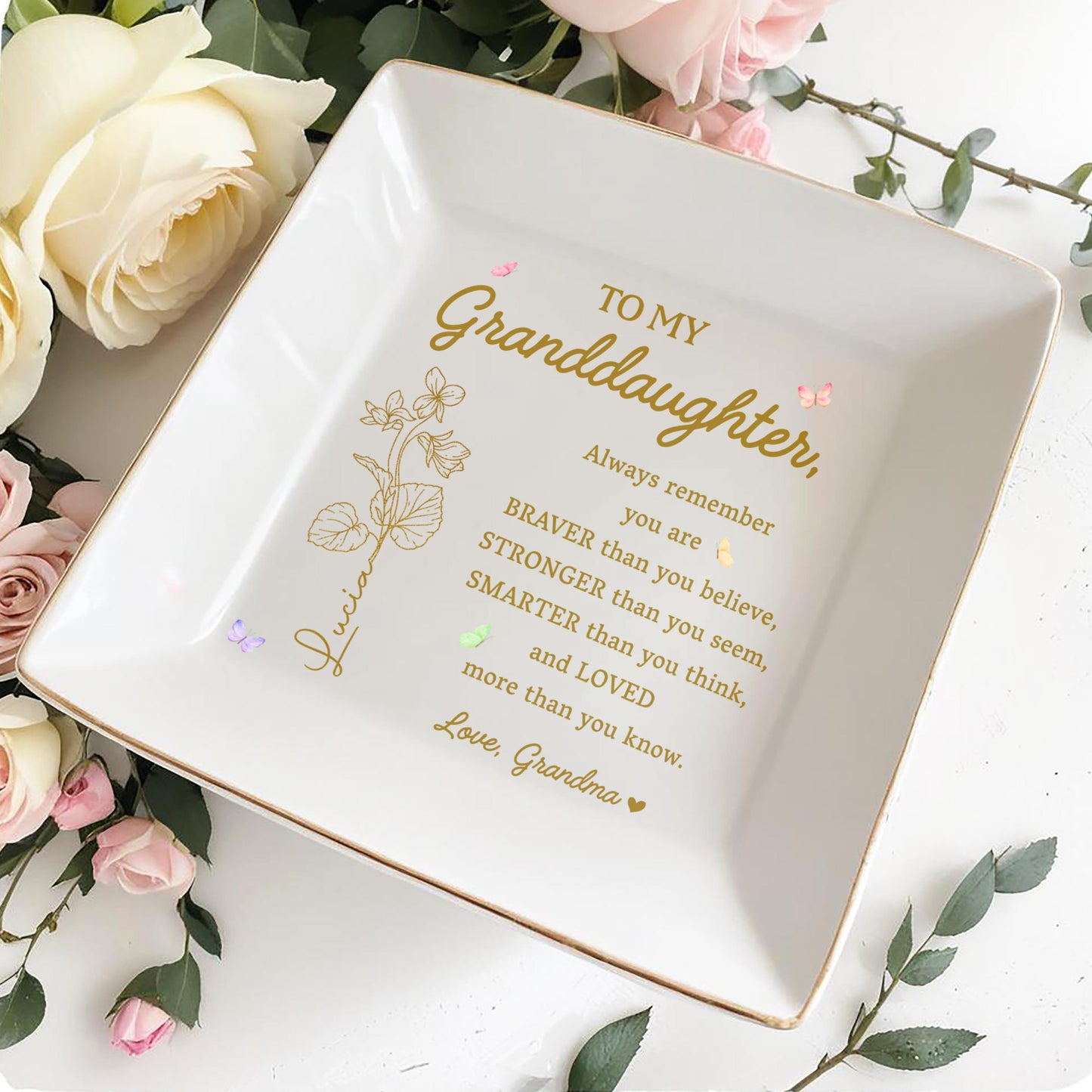 To My Granddaughter You Are Braver, Stronger, Smarter And Loved - Personalized Custom Jewelry Dish, Square Ceramic Dish - GDT238_SCRD