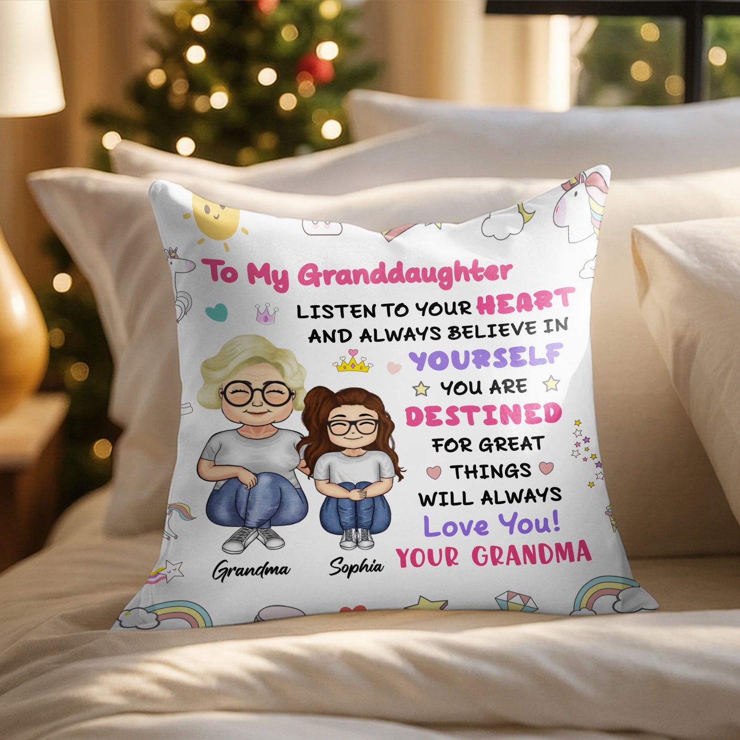 To My Granddaughter, Believe In Yourself, Unicorn And Rainbow - Personalized Custom Pillow, Insert Included - GDT312_PLW