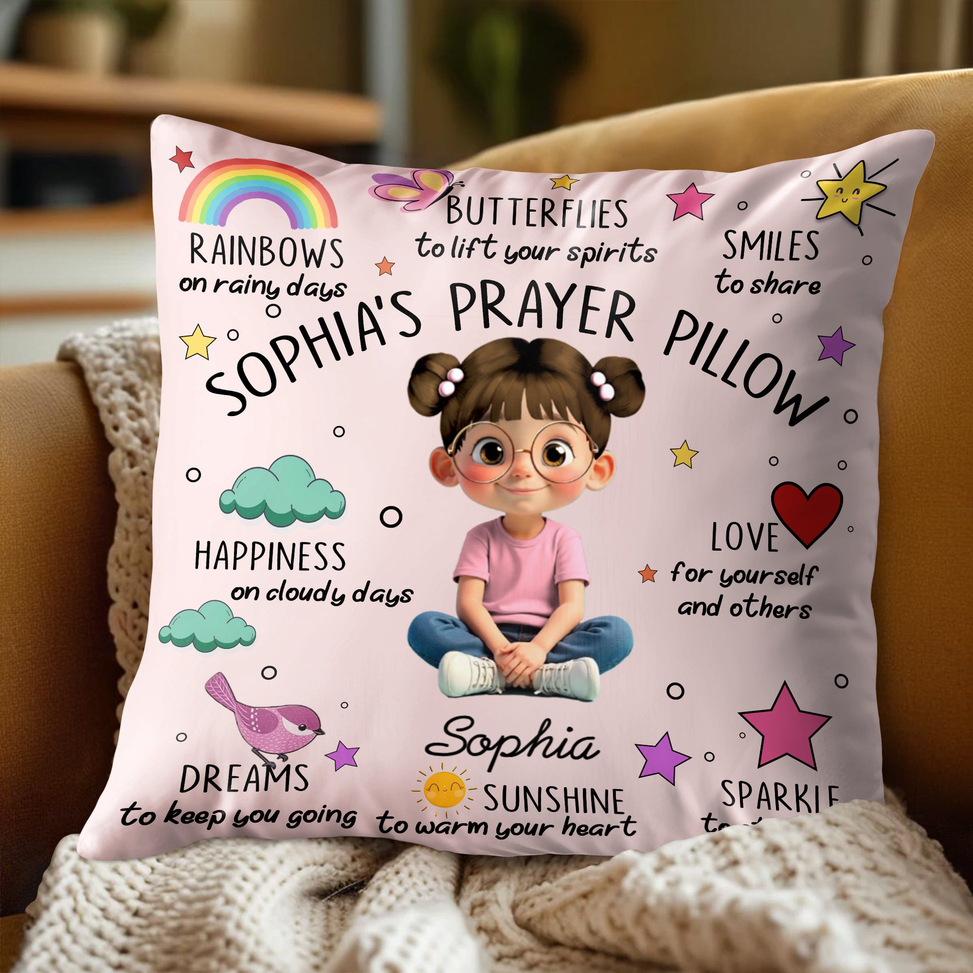 Rainbows, Butterflies and Smiles Prayer Pillow