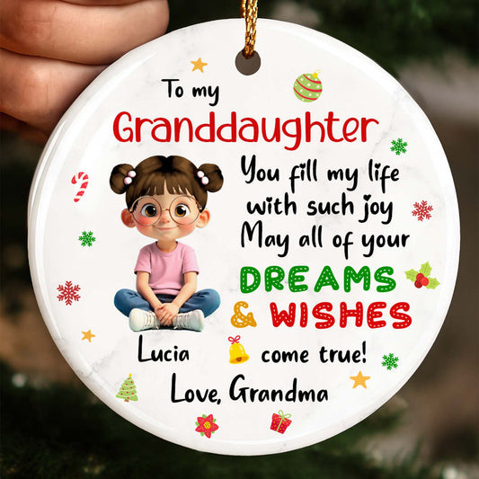 To My Granddaughter, Dreams & Wishes, Little Girl Sitting Christmas Symbols - Personalized Custom Ceramic Ornament With Round Shape - GDT358_RCE