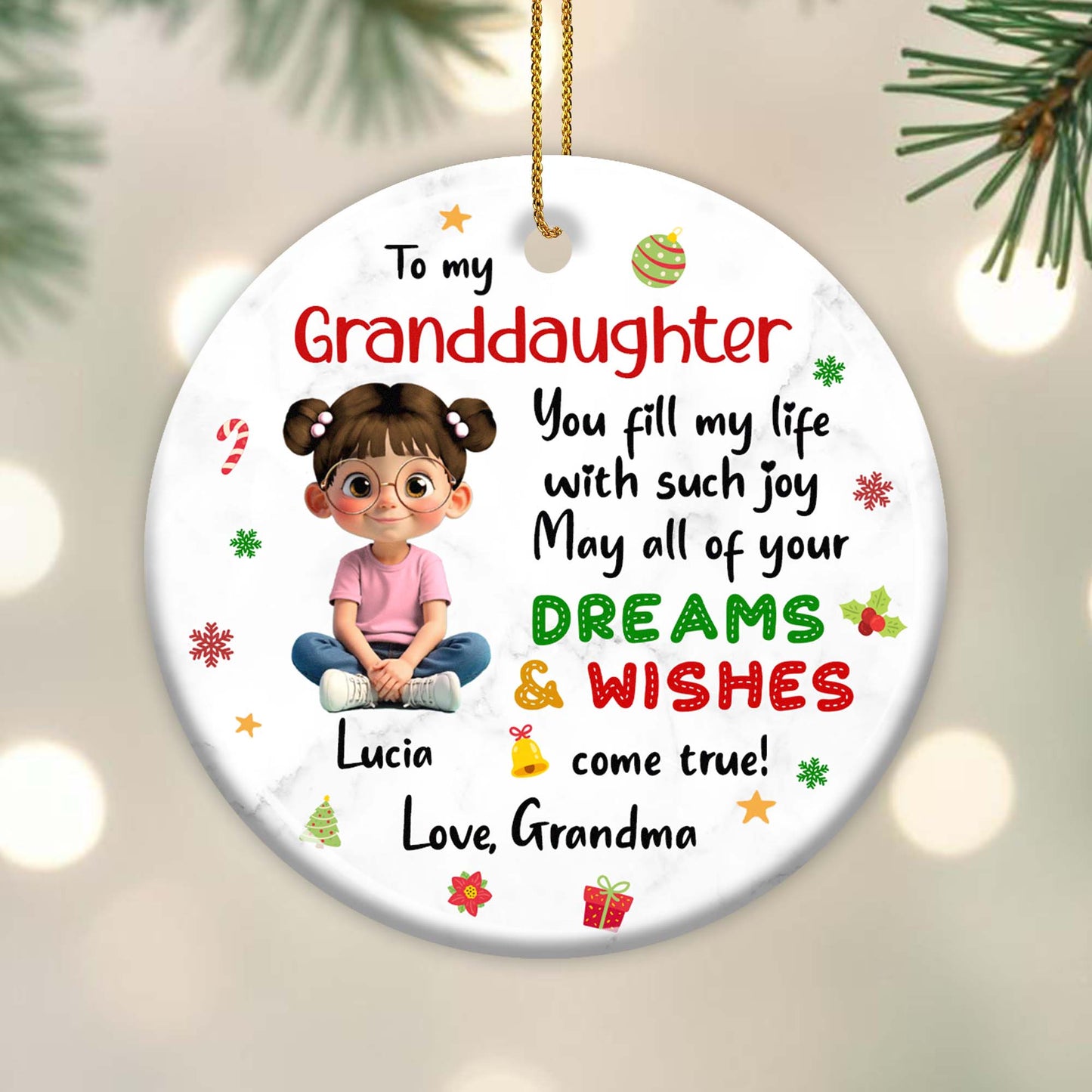 To My Granddaughter, Dreams & Wishes, Little Girl Sitting Christmas Symbols