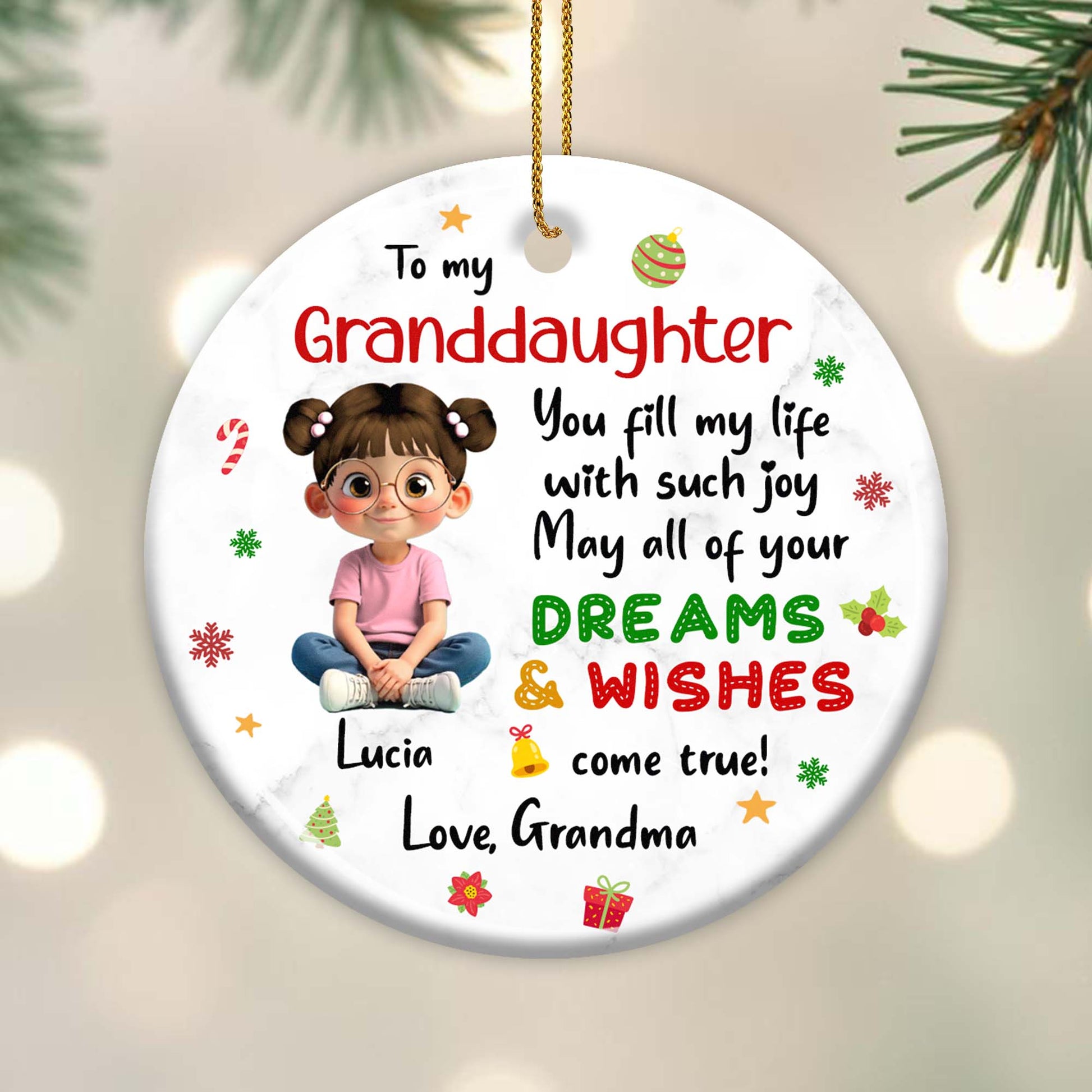 To My Granddaughter, Dreams & Wishes, Little Girl Sitting Christmas Symbols