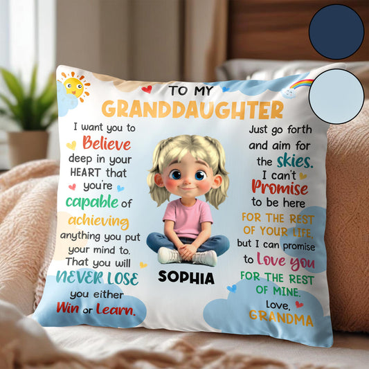 To My Granddaughter, Believe In Your Heart, Girl With Hearts And Rainbow - Personalized Custom Pillow, Insert Included - GDT370_PLW
