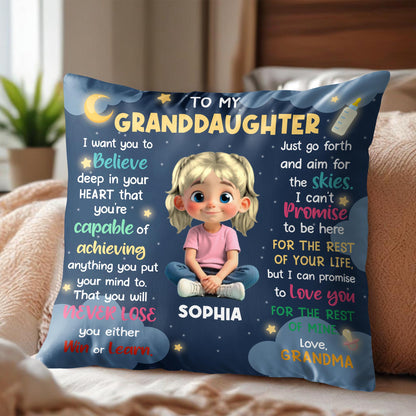 To My Granddaughter, Believe In Your Heart, Girl With Hearts And Rainbow - Personalized Custom Pillow, Insert Included - GDT370_PLW