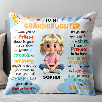 To My Granddaughter, Believe In Your Heart, Girl With Hearts And Rainbow - Personalized Custom Pillow, Insert Included - GDT370_PLW