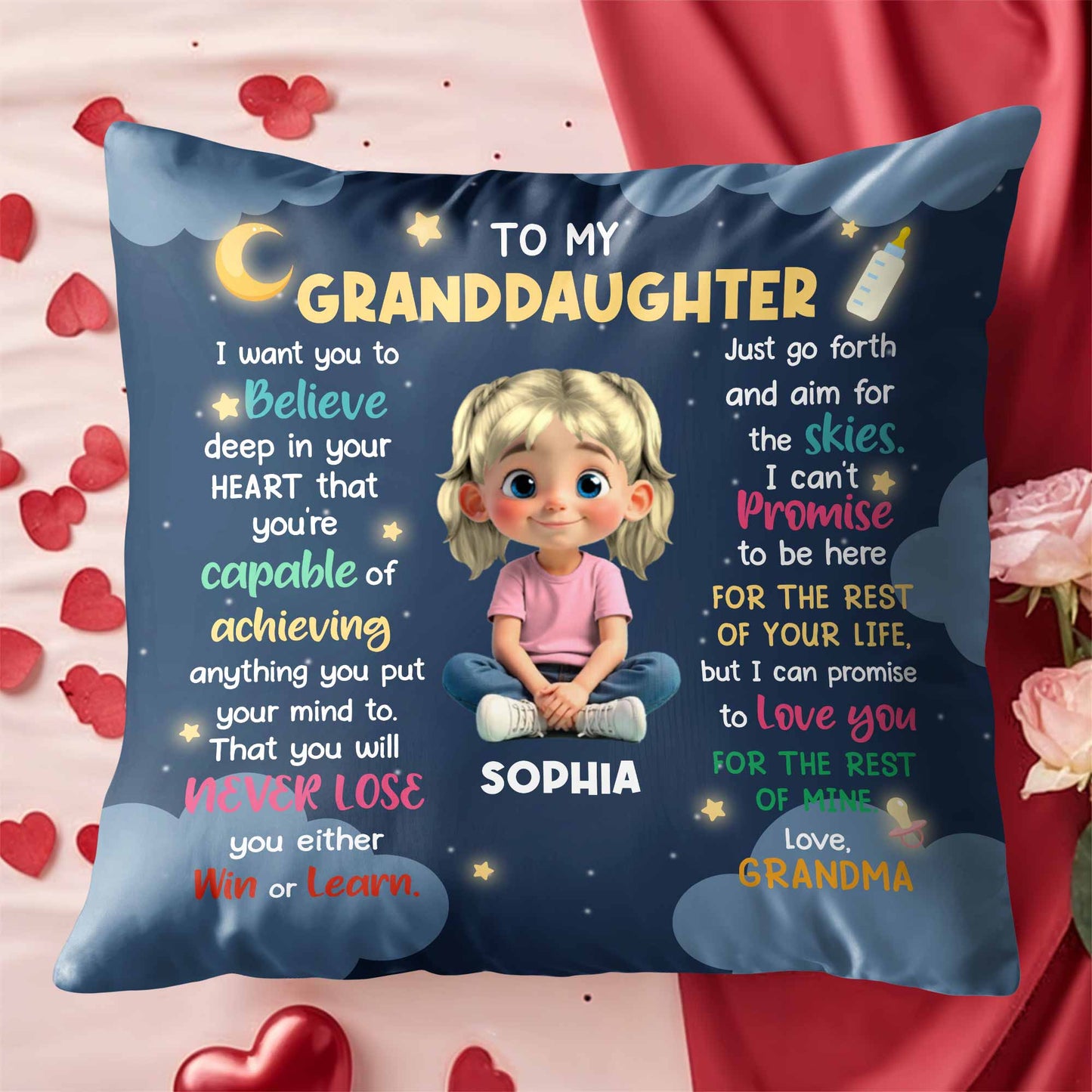 À ma petite-fille, crois en ton cœur, fille avec des cœurs et un arc-en-ciel - Coussin personnalisé, insert inclus - GDT370_PLW