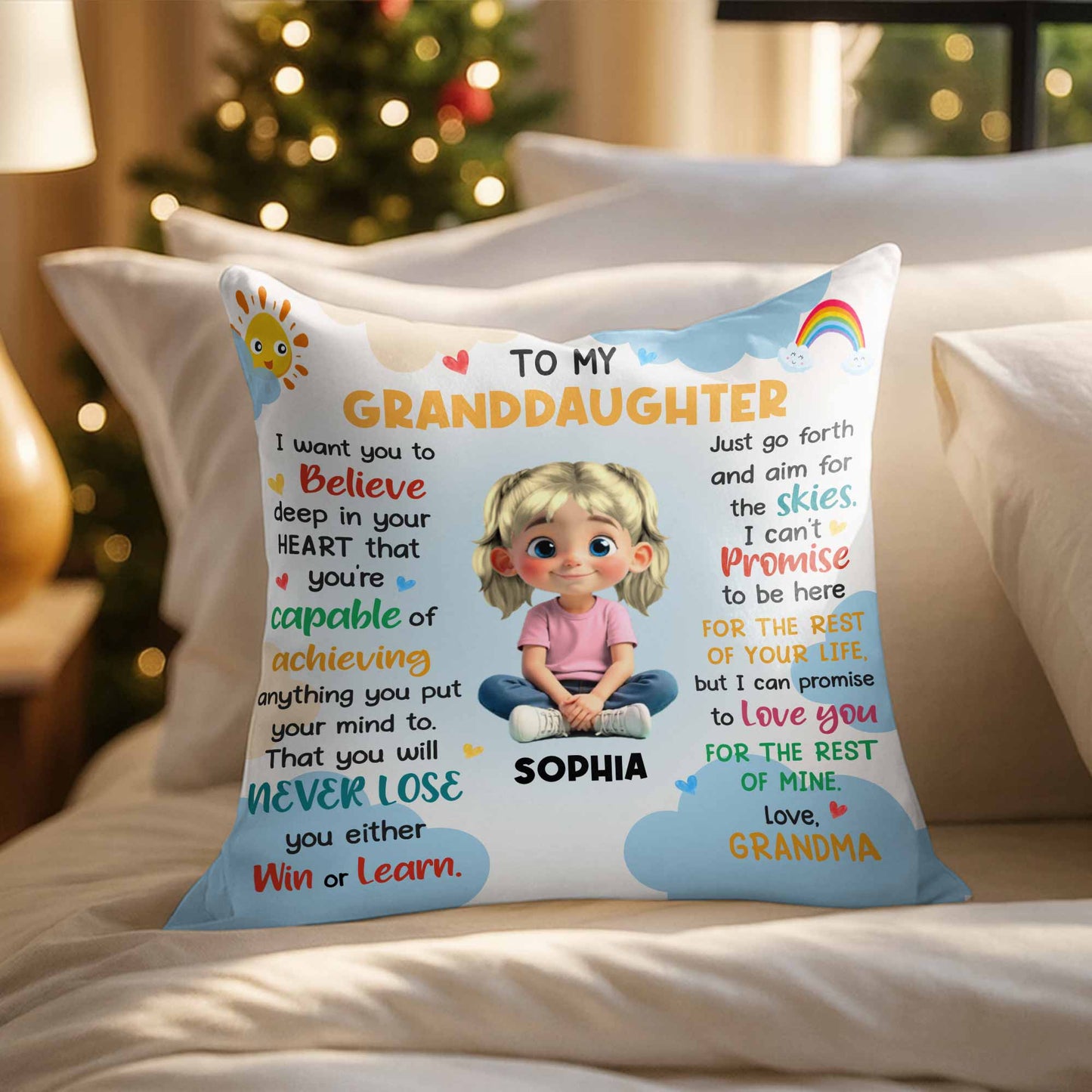 To My Granddaughter, Believe In Your Heart, Girl With Hearts And Rainbow - Personalized Custom Pillow, Insert Included - GDT370_PLW