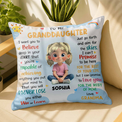 To My Granddaughter, Believe In Your Heart, Girl With Hearts And Rainbow - Personalized Custom Pillow, Insert Included - GDT370_PLW