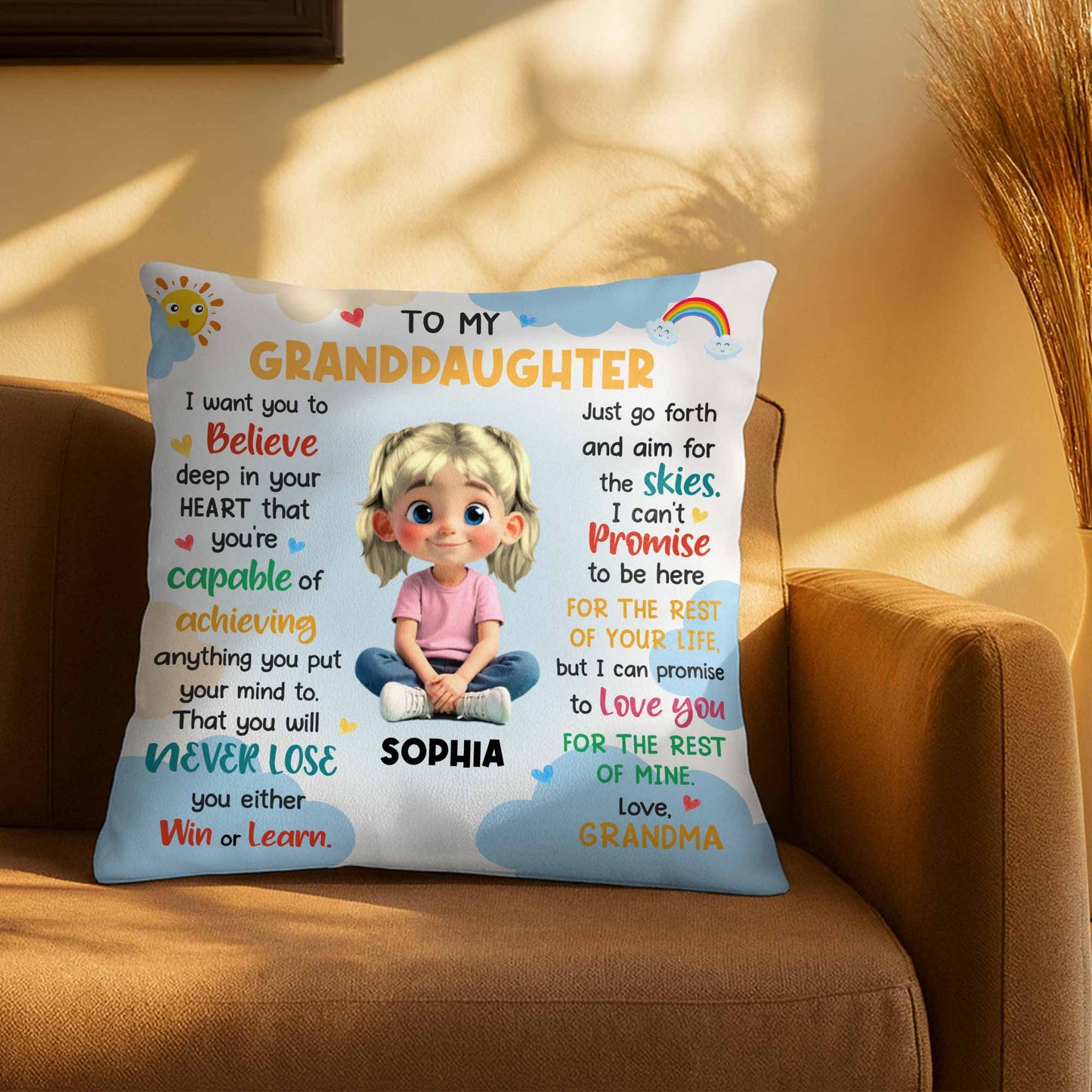 To My Granddaughter, Believe In Your Heart, Girl With Hearts And Rainbow - Personalized Custom Pillow, Insert Included - GDT370_PLW