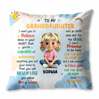 À ma petite-fille, crois en ton cœur, fille avec des cœurs et un arc-en-ciel - Coussin personnalisé, insert inclus - GDT370_PLW