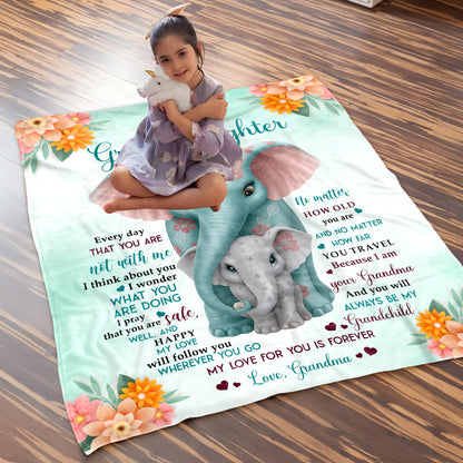 To My Granddaughter, Love From Grandma, Elephant And Flowers Design - Personalized Custom Blanket - GDT371_BLK