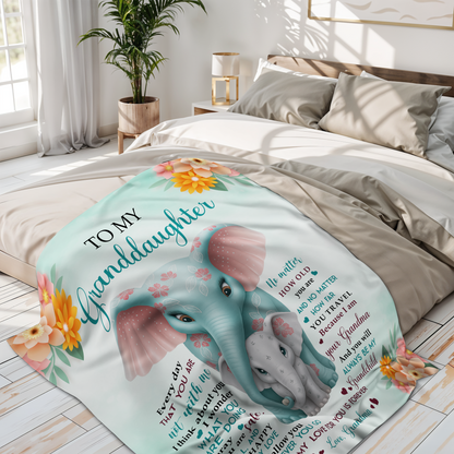 To My Granddaughter, Love From Grandma, Elephant And Flowers Design - Personalized Custom Blanket - GDT371_BLK