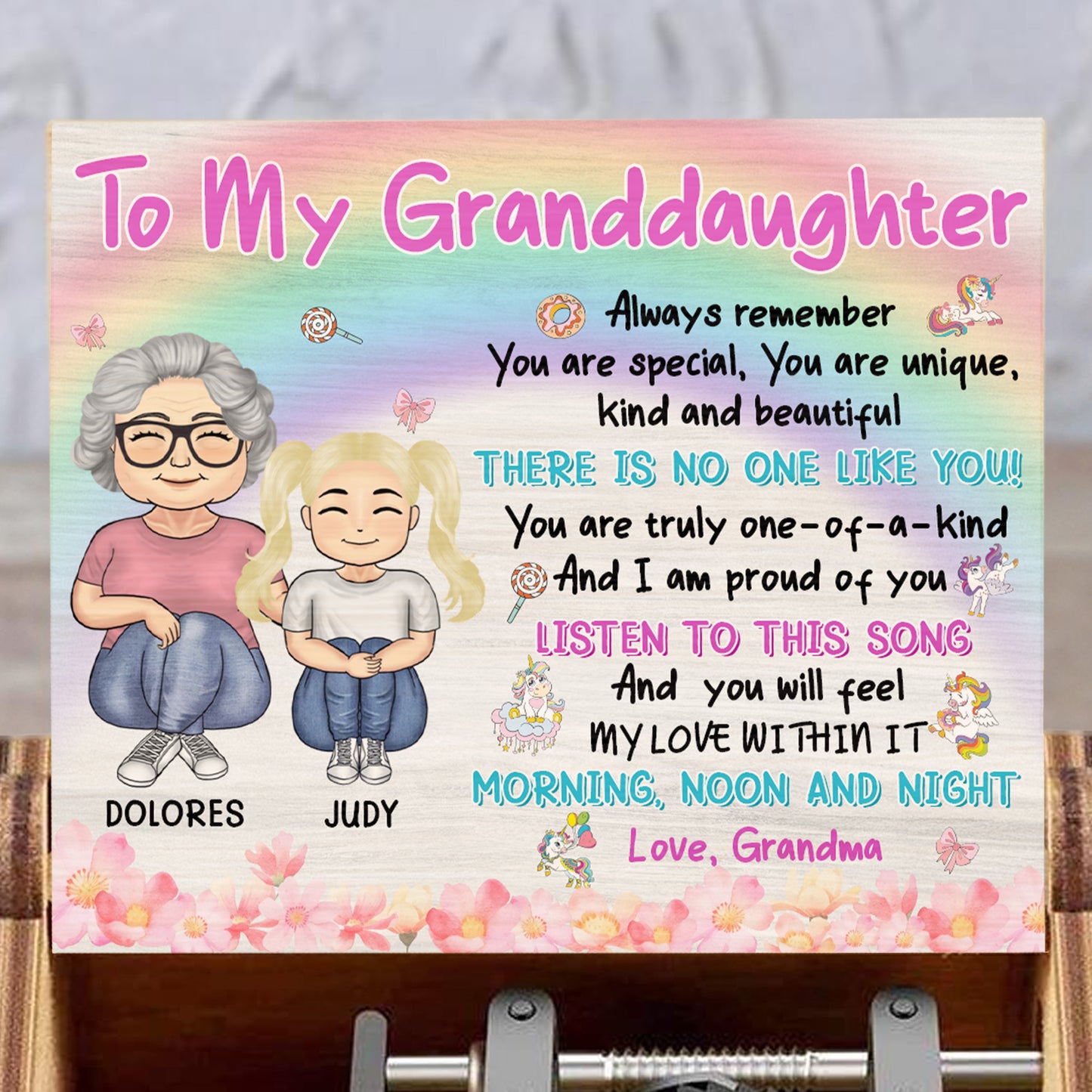 Para mi nieta, abuela y nieta con cariño - Caja de música personalizada con la melodía "Eres mi sol" - GDT373_MZB 