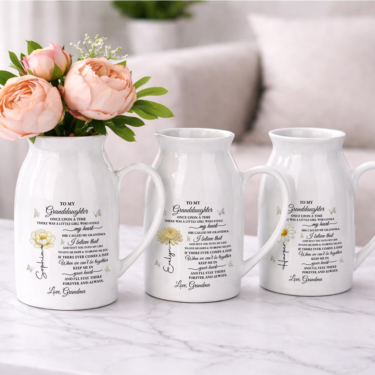 To My Granddaughter Once Upon A Time Birth Month Flower Butterflies - Personalized Ceramic Flower Vase - GDT389_CEV