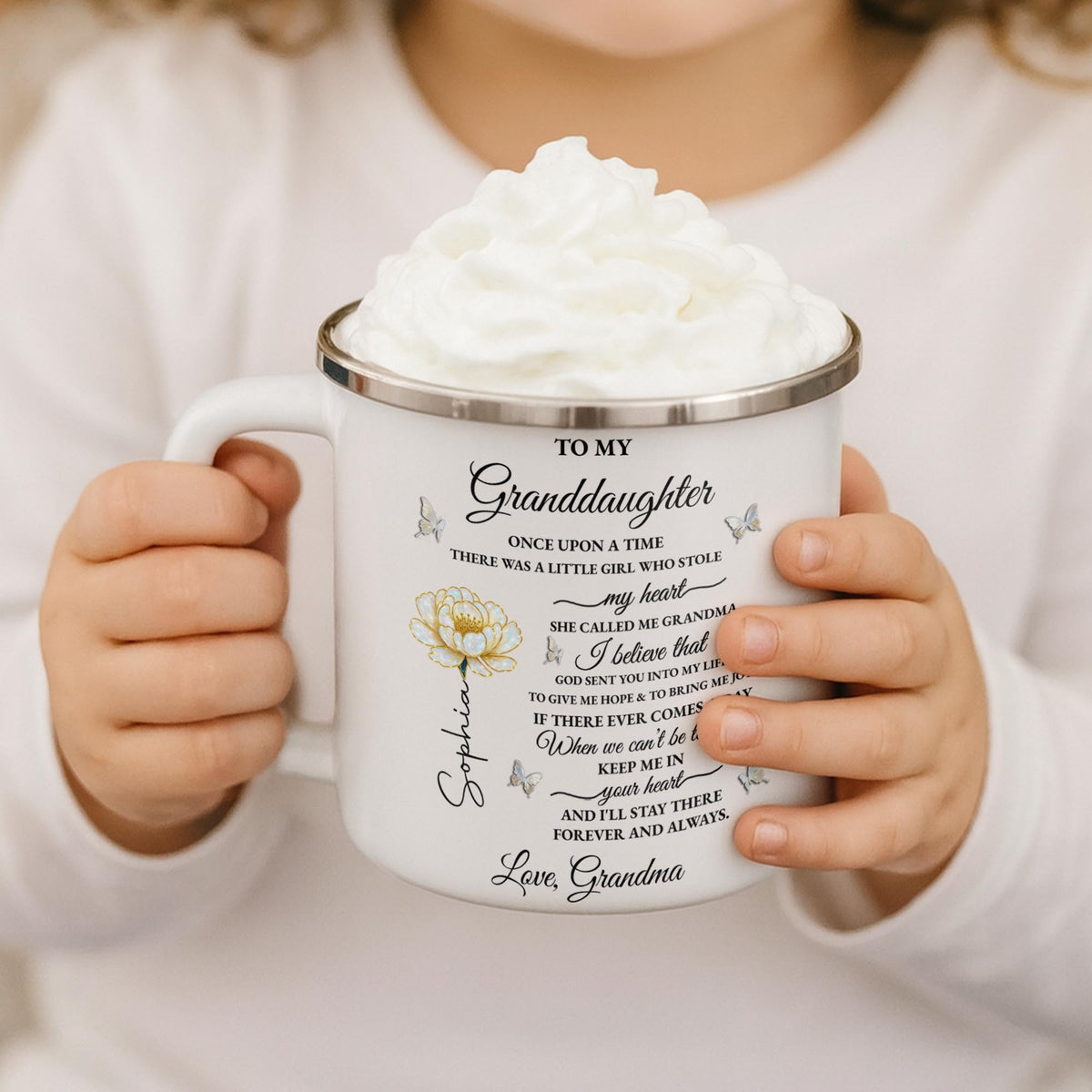 To My Granddaughter Once Upon A Time Flower And Butterfly - Personalized Custom Enamel Mug - GDT389_EMUG