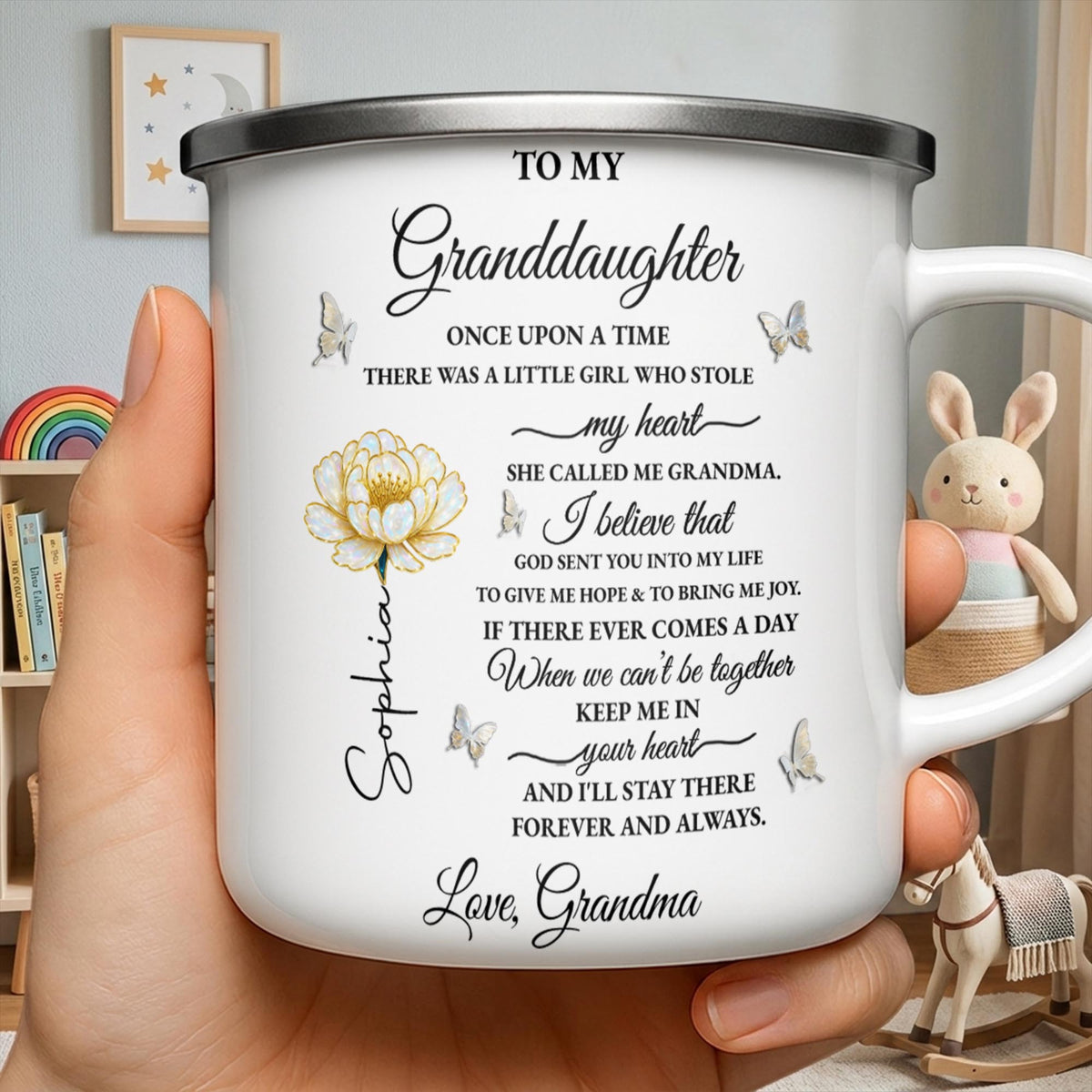 To My Granddaughter Once Upon A Time Flower And Butterfly - Personalized Custom Enamel Mug - GDT389_EMUG