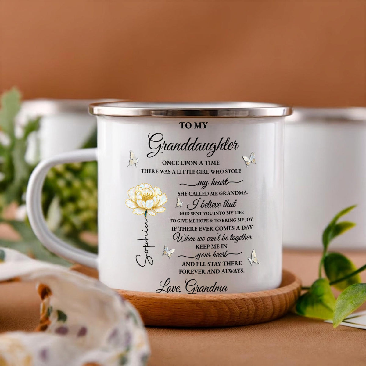 To My Granddaughter Once Upon A Time Flower And Butterfly - Personalized Custom Enamel Mug - GDT389_EMUG