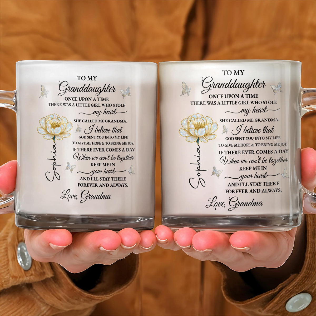 To My Granddaughter Once Upon A Time Flower And Butterfly - Personalized Custom Glass Mug - GDT389_GLM