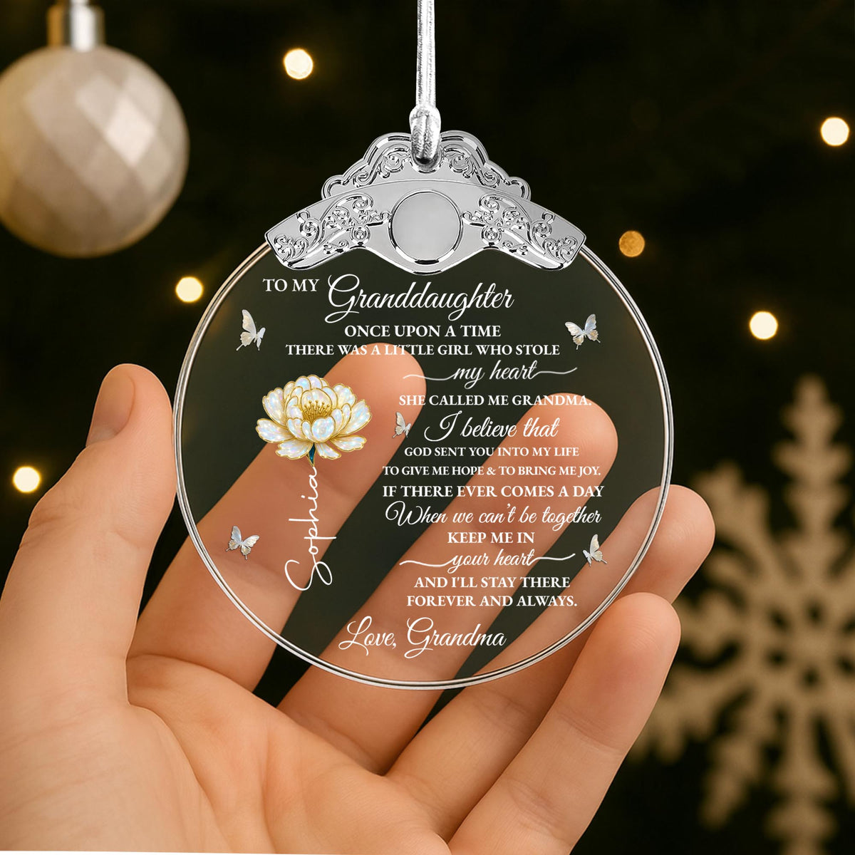 To My Granddaughter Once Upon A Time Flower And Butterfly - Personalized Glass Ornament With Silver Cap - GDT389_GOSICA