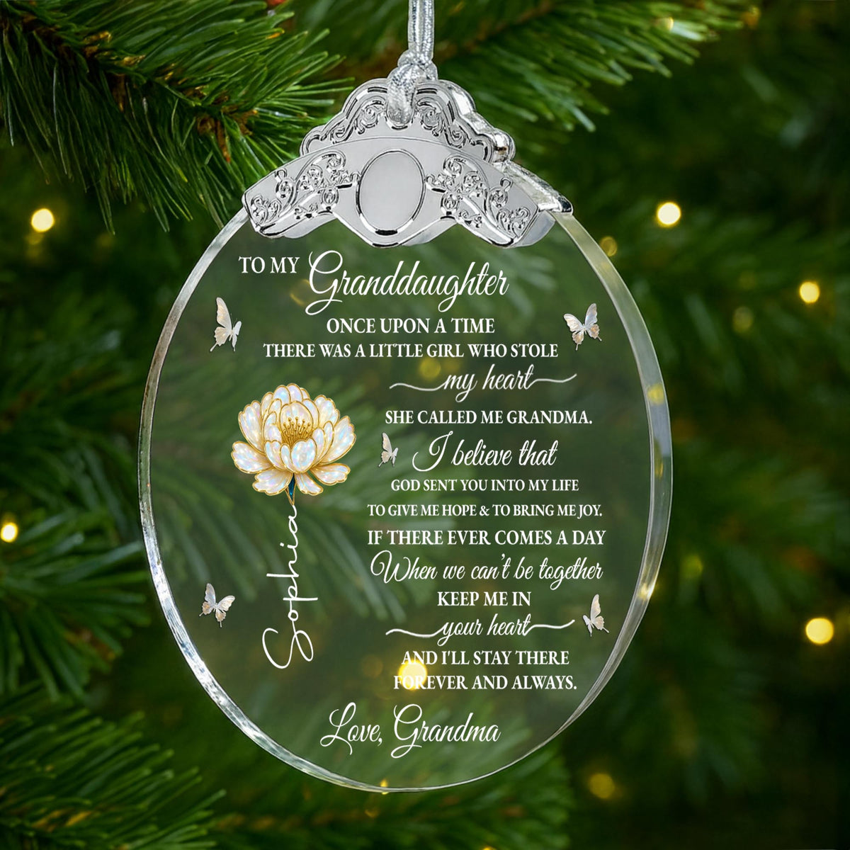 To My Granddaughter Once Upon A Time Flower And Butterfly - Personalized Glass Ornament With Silver Cap - GDT389_GOSICA