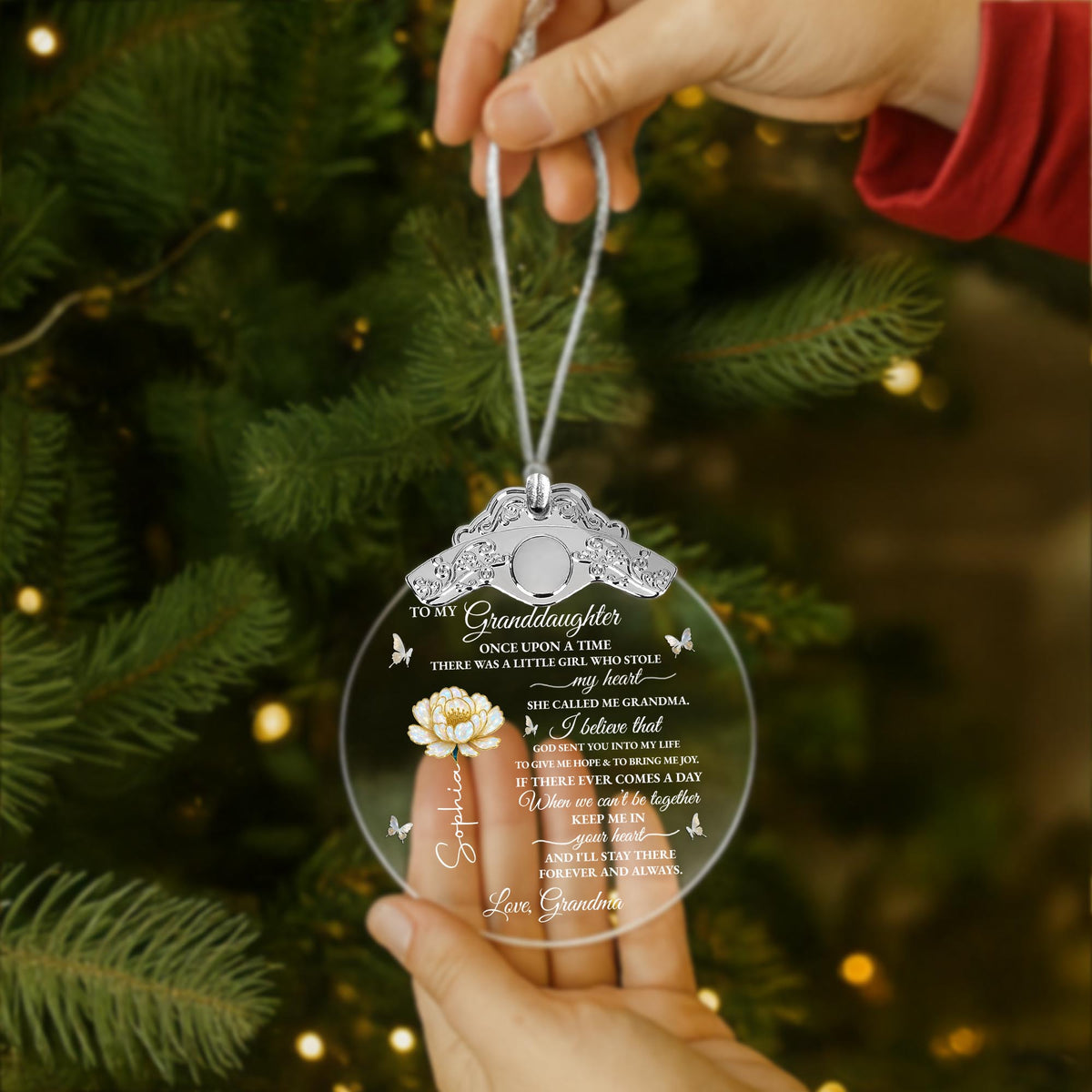 To My Granddaughter Once Upon A Time Flower And Butterfly - Personalized Glass Ornament With Silver Cap - GDT389_GOSICA