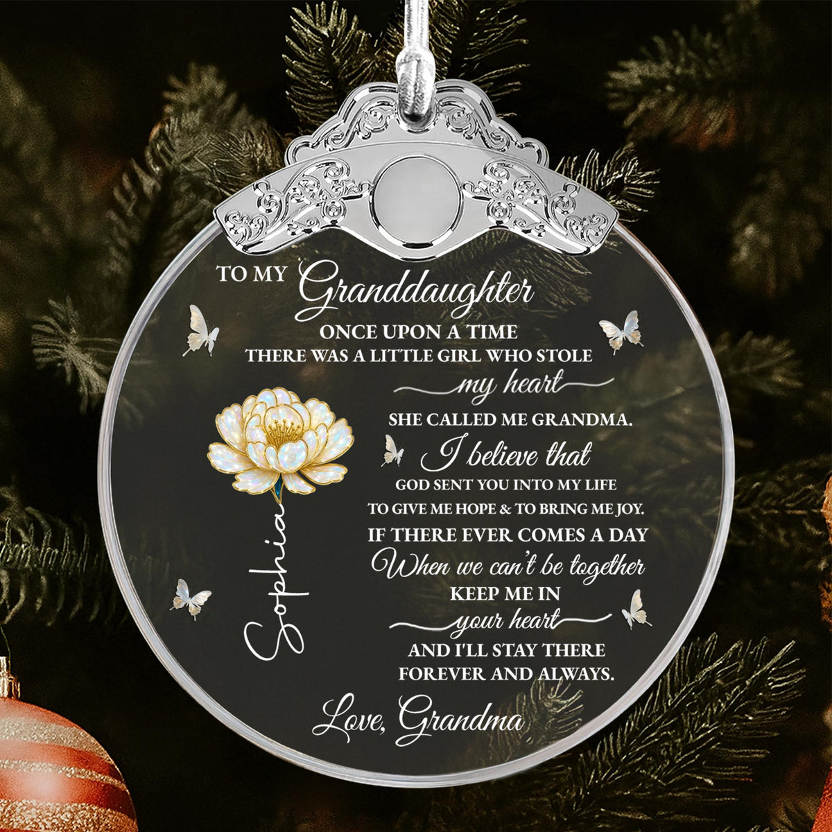 To My Granddaughter Once Upon A Time Flower And Butterfly - Personalized Glass Ornament With Silver Cap - GDT389_GOSICA