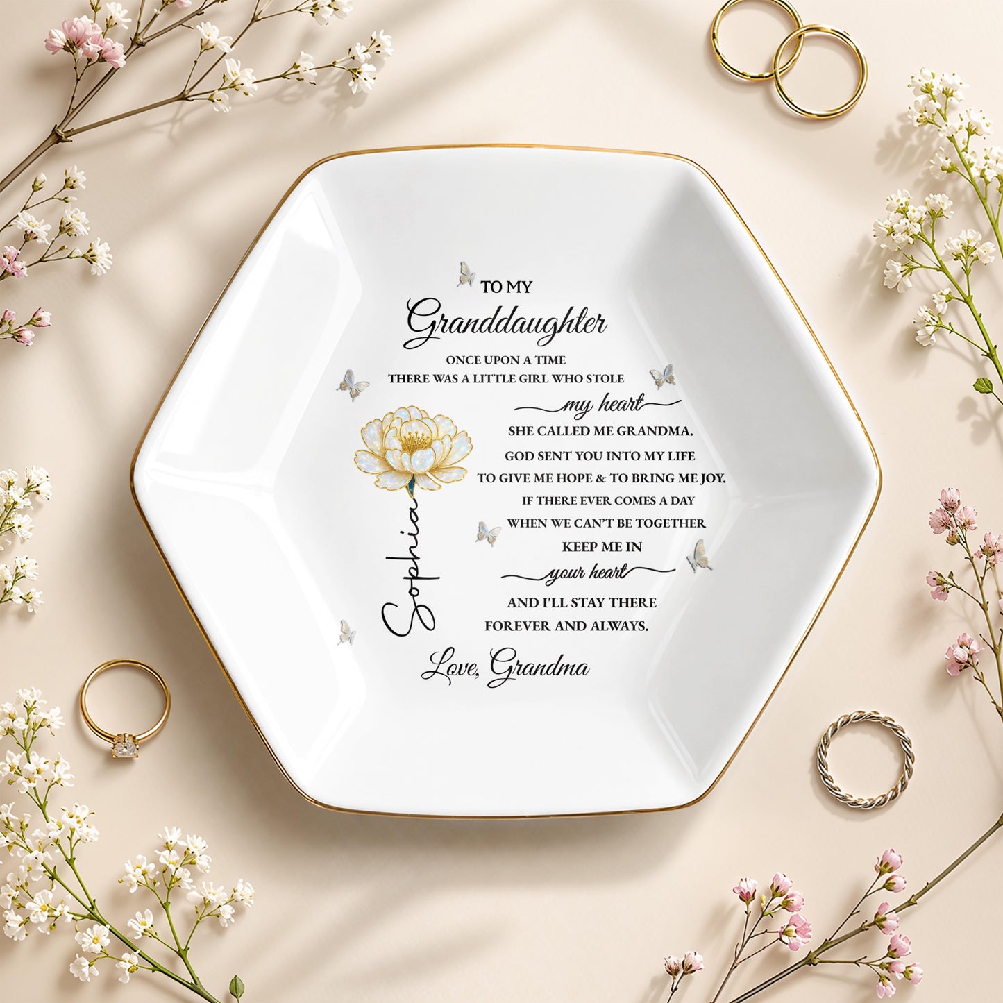 To My Granddaughter Once Upon A Time Flower And Butterfly - Personalized Custom Jewelry Dish, Ceramic Dish, Hexagonal Shape - GDT389_HECRD