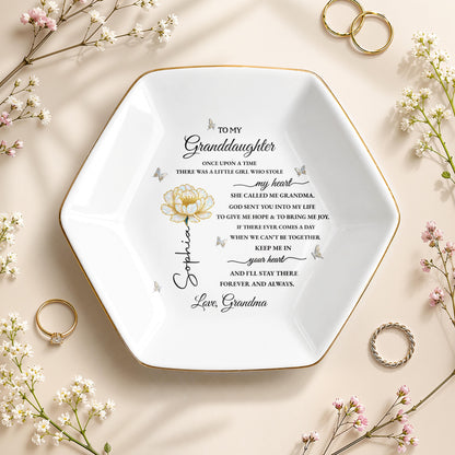 To My Granddaughter Once Upon A Time Flower And Butterfly - Personalized Custom Jewelry Dish, Ceramic Dish, Hexagonal Shape - GDT389_HECRD