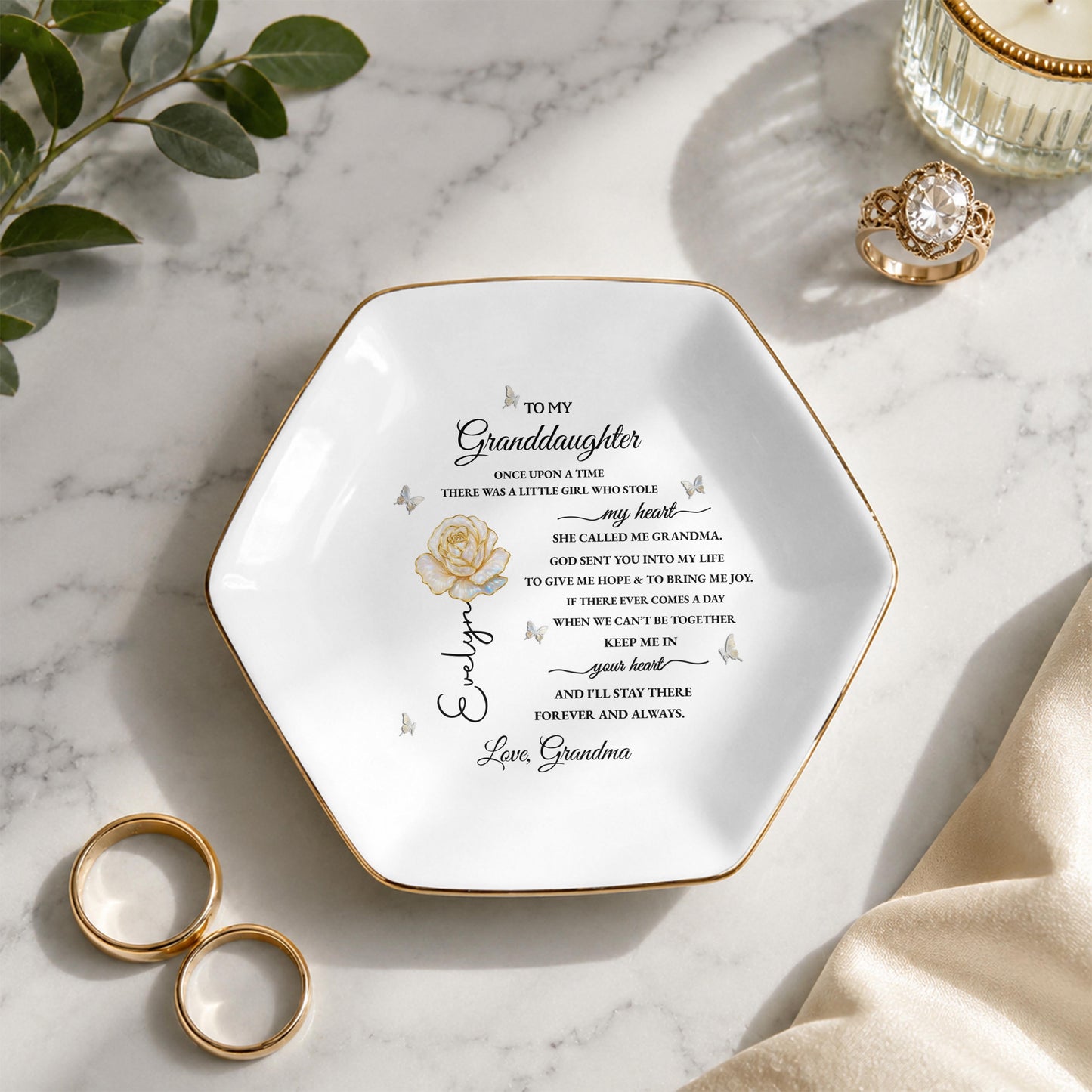 To My Granddaughter Once Upon A Time Flower And Butterfly - Personalized Custom Jewelry Dish, Ceramic Dish, Hexagonal Shape - GDT389_HECRD