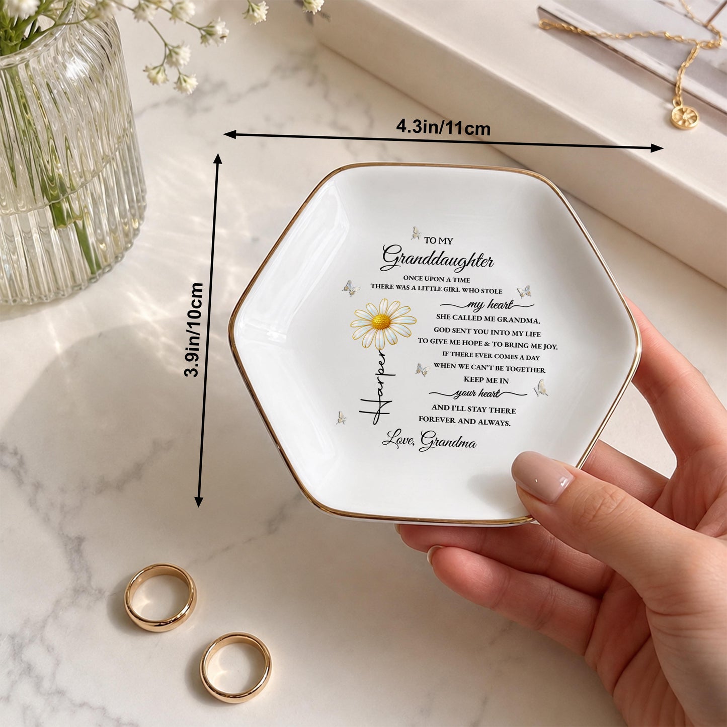 To My Granddaughter Once Upon A Time Flower And Butterfly - Personalized Custom Jewelry Dish, Ceramic Dish, Hexagonal Shape - GDT389_HECRD