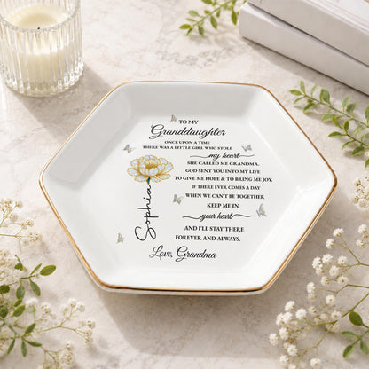 To My Granddaughter Once Upon A Time Flower And Butterfly - Personalized Custom Jewelry Dish, Ceramic Dish, Hexagonal Shape - GDT389_HECRD
