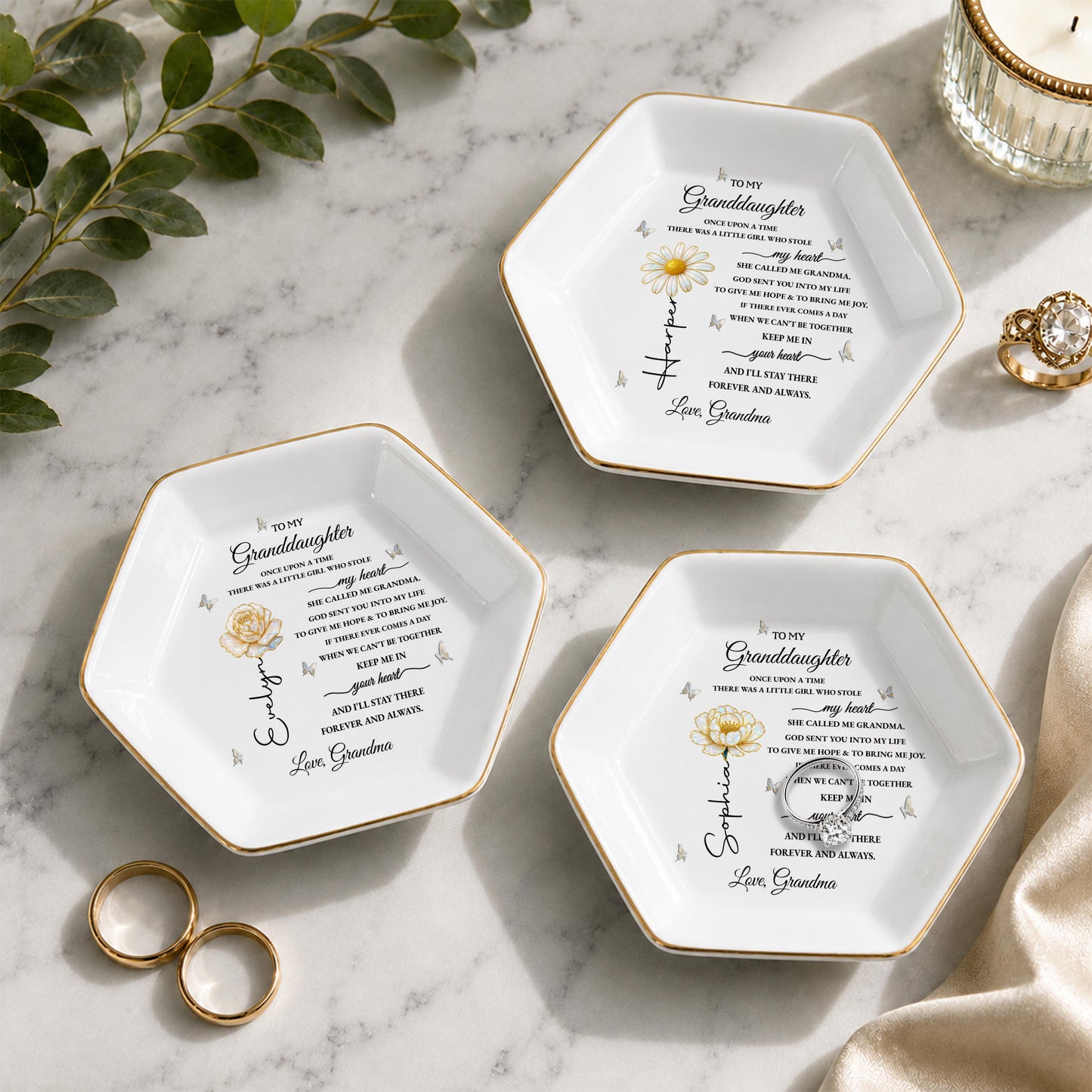 To My Granddaughter Once Upon A Time Flower And Butterfly - Personalized Custom Jewelry Dish, Ceramic Dish, Hexagonal Shape - GDT389_HECRD