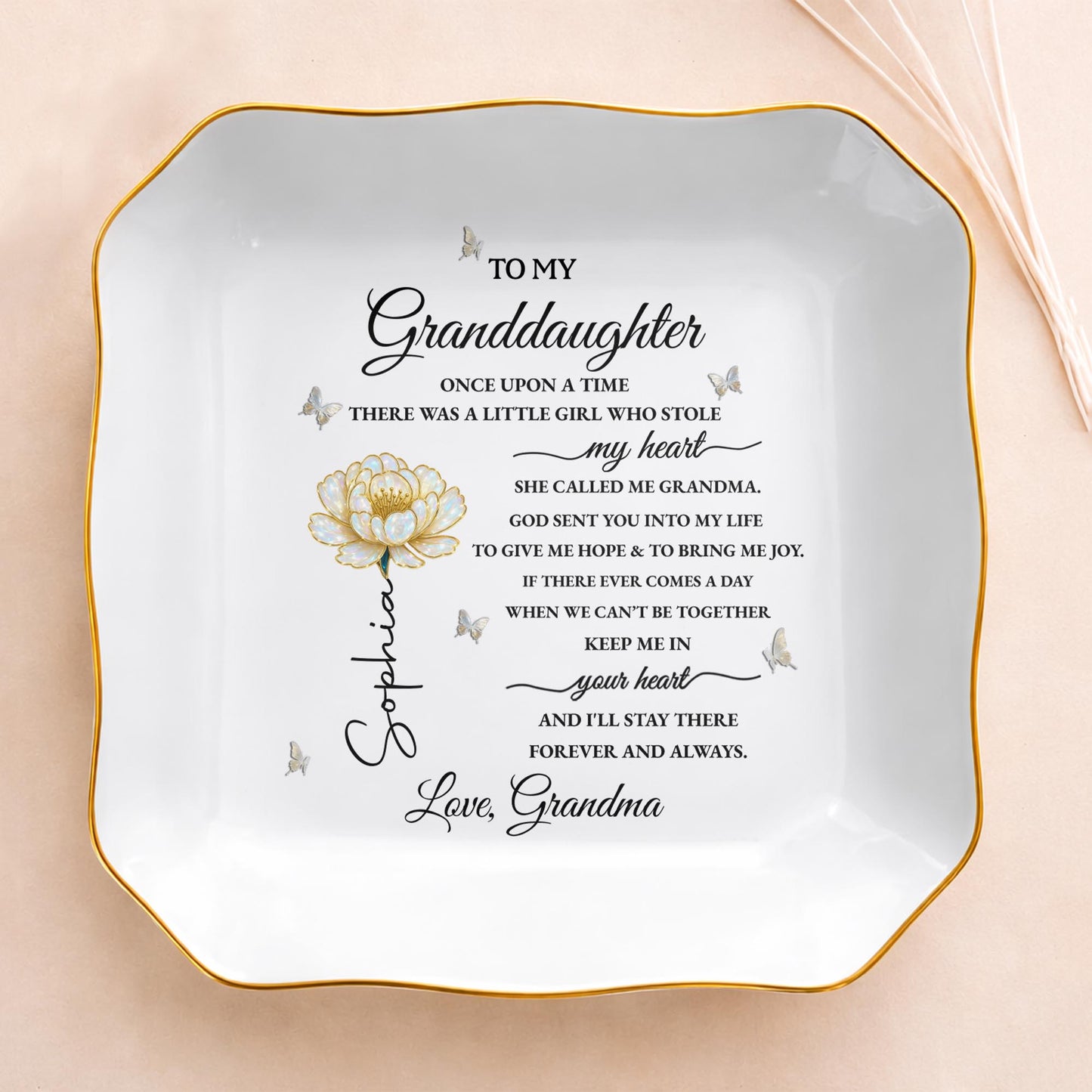 To My Granddaughter Once Upon A Time Flower Butterflies Jewelry Dish - Personalized Lace Square Jewelry Dish - GDT389_LCRF