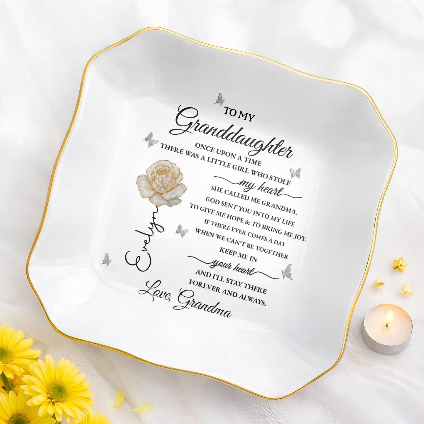 To My Granddaughter Once Upon A Time Flower Butterflies Jewelry Dish - Personalized Lace Square Jewelry Dish - GDT389_LCRF