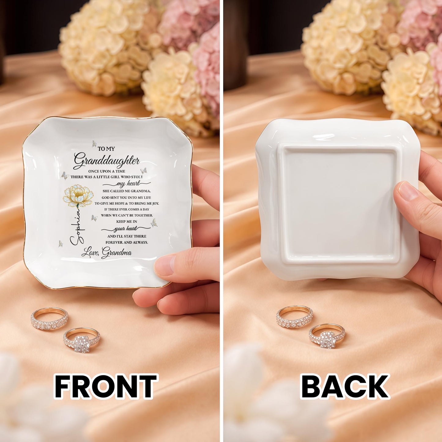 To My Granddaughter Once Upon A Time Flower Butterflies Jewelry Dish - Personalized Lace Square Jewelry Dish - GDT389_LCRF