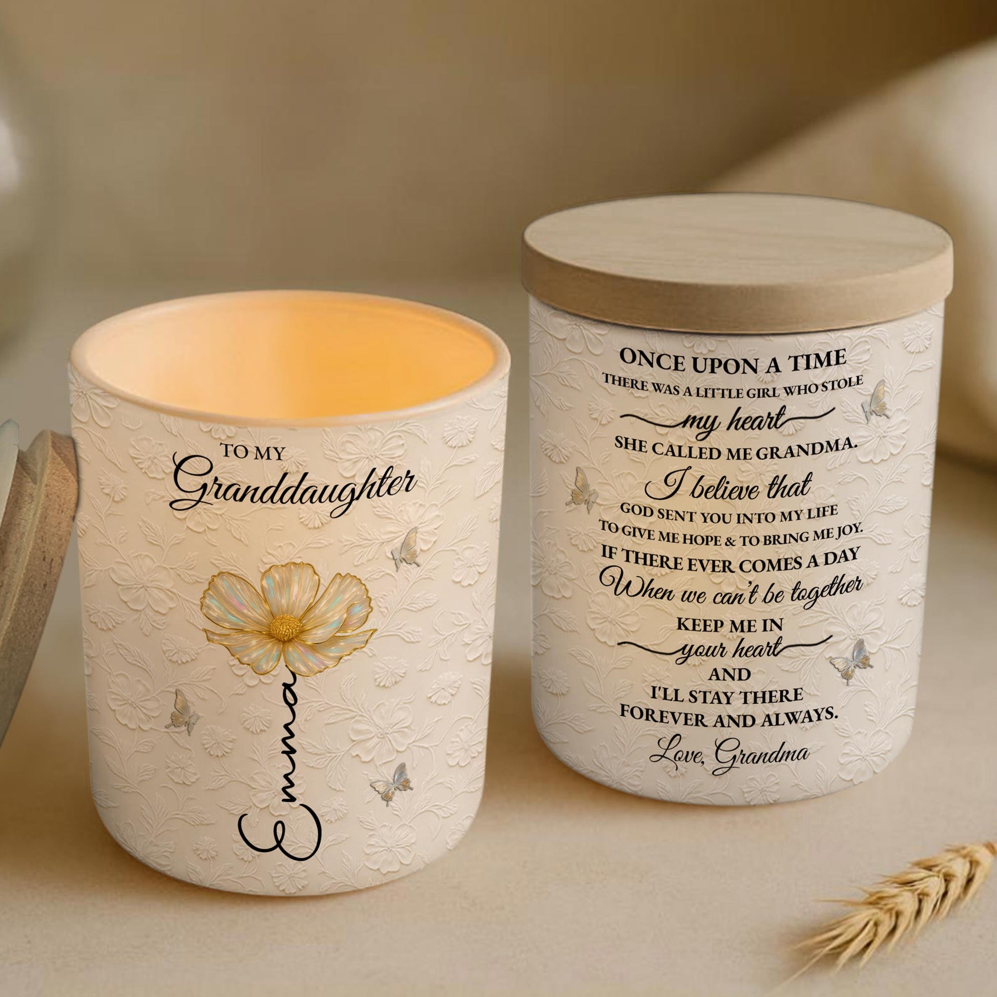 To My Granddaughter, Beautiful Glass Jar With Flower And Butterflies