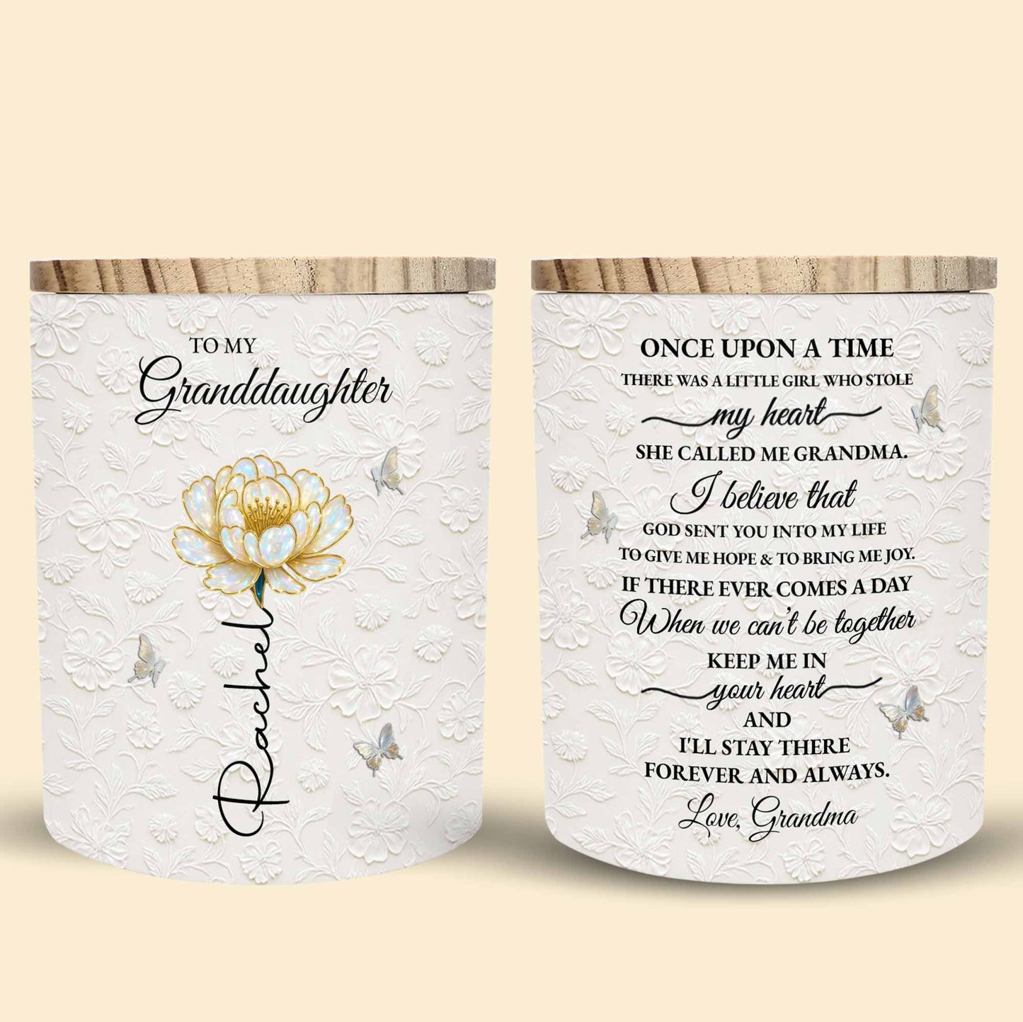 To My Granddaughter, Beautiful Glass Jar With Flower And Butterflies